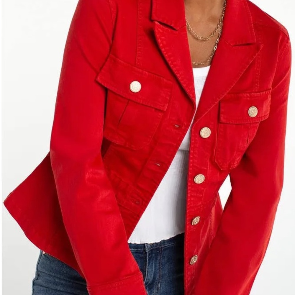 Liverpool Peplum Fire Brick Red Jean Jacket